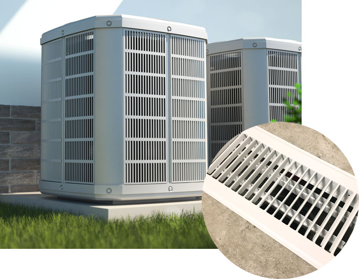 Central AC condensers outside a home and indoor register to distribute cool air